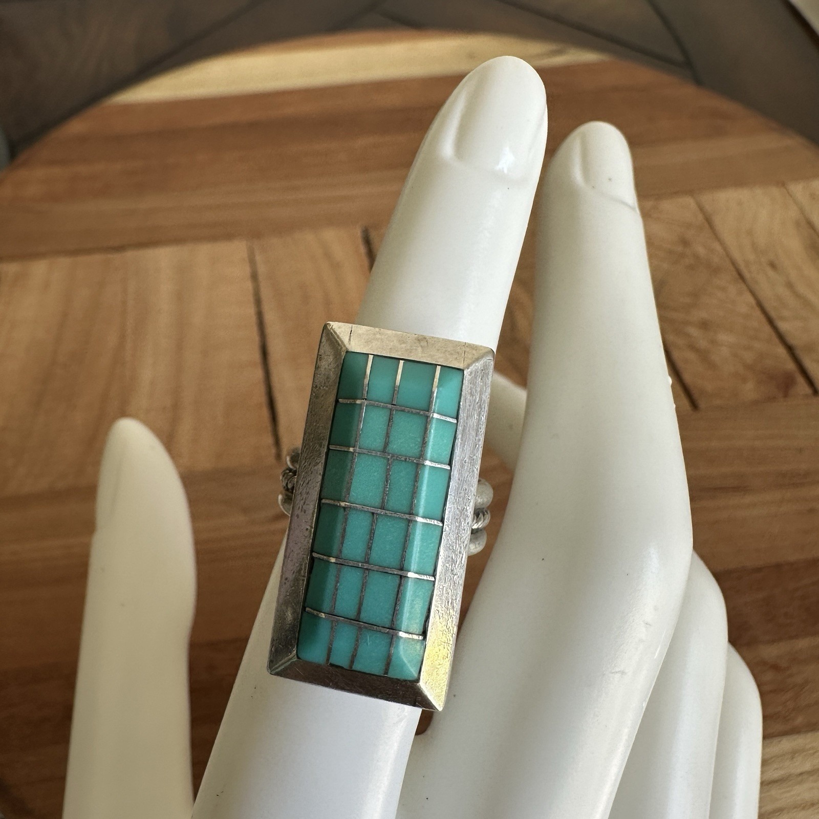 Vintage Artisan Eye Zuni Accent Ring Size 5.25 Turquoise Inlay Sterling 10.4g
